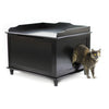 black large litter box storage chest enclosed litter box furniture with gray cat 