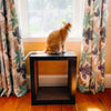 cat looking out window on top of cat scratcher end table